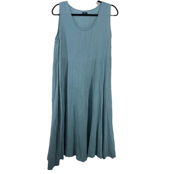 Tulip Size S Gauze Midi Dress Sleeveless Pockets Blue Scoop Neck Solid Cotton - Picture 1 of 9